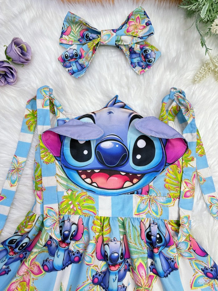 Vestido Infantil Azul Com Aplique do Stitch Tamanho 6