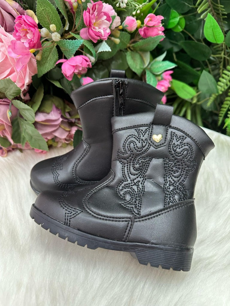 Bota Coturno Preta Flor Di Mila para Meninas em Tecido Sintético Laminado