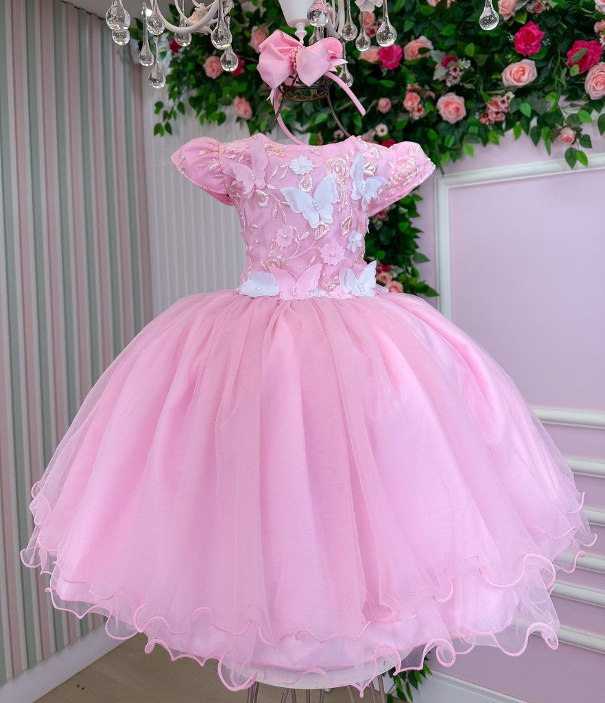 Vestido Rosa Bebê com Forro em Poliéster e Algodão para Meninas