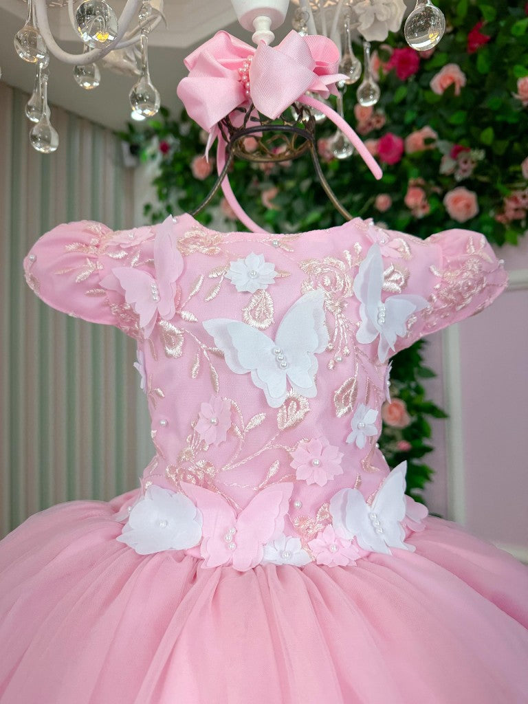 Vestido Rosa Bebê com Forro em Poliéster e Algodão para Meninas