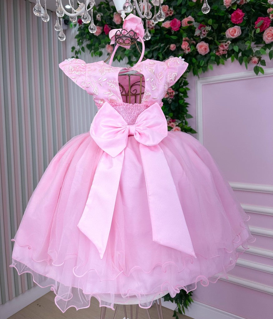Vestido Rosa Bebê com Forro em Poliéster e Algodão para Meninas