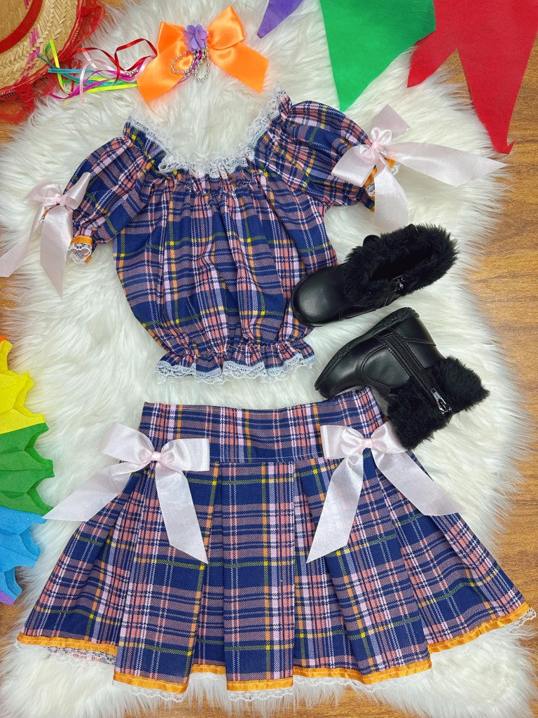 Conjunto Junino Infantil Ciganinha Azul Escuro em Xadrez Colorido