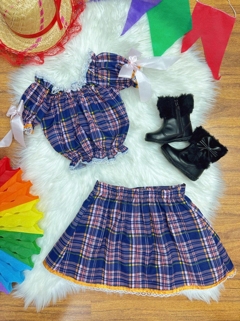 Conjunto Junino Infantil Ciganinha Azul Escuro em Xadrez Colorido