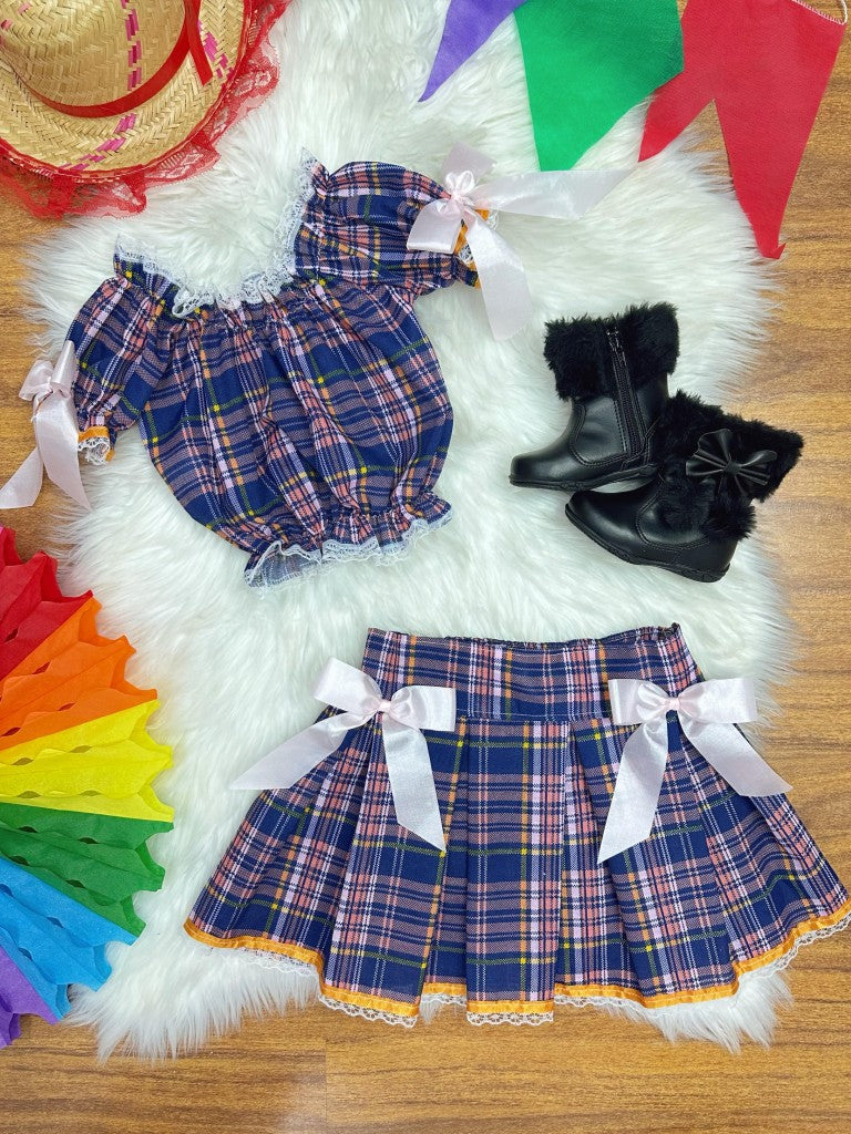 Conjunto Junino Infantil Ciganinha Azul Escuro em Xadrez Colorido