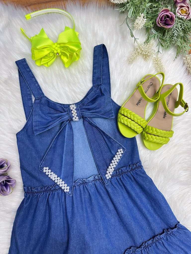 Vestido Infantil Azul Jeans Casual para Festas Luxo
