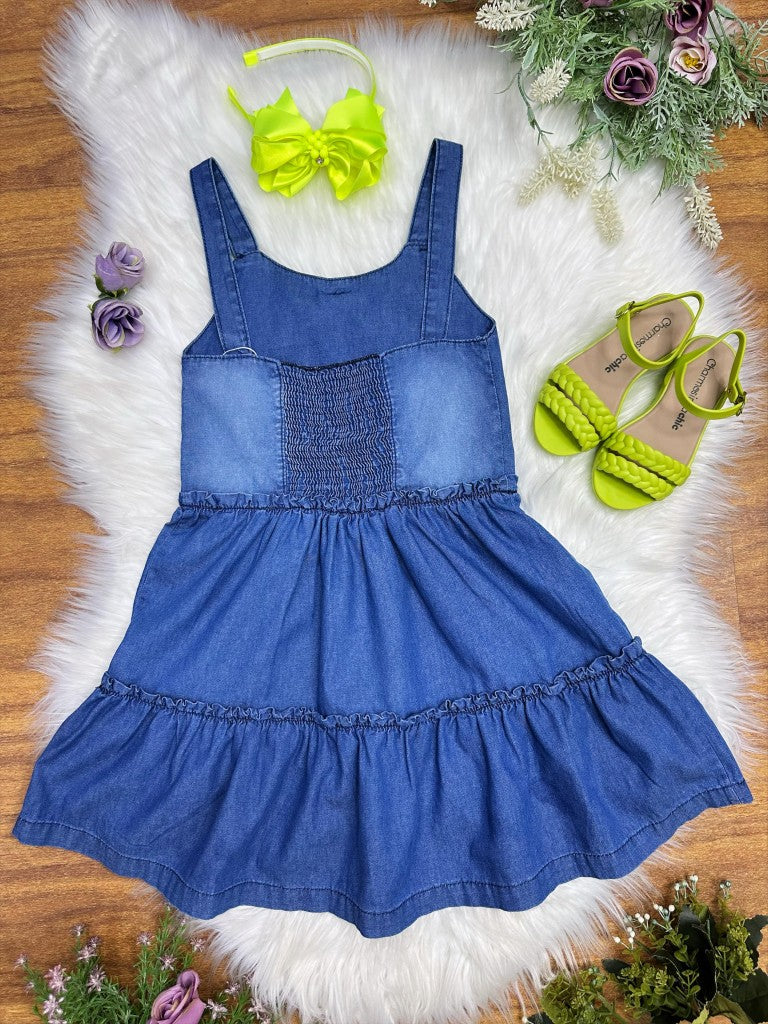 Vestido Infantil Azul Jeans Casual para Festas Luxo