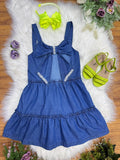 Vestido Infantil Azul Jeans Casual para Festas Luxo