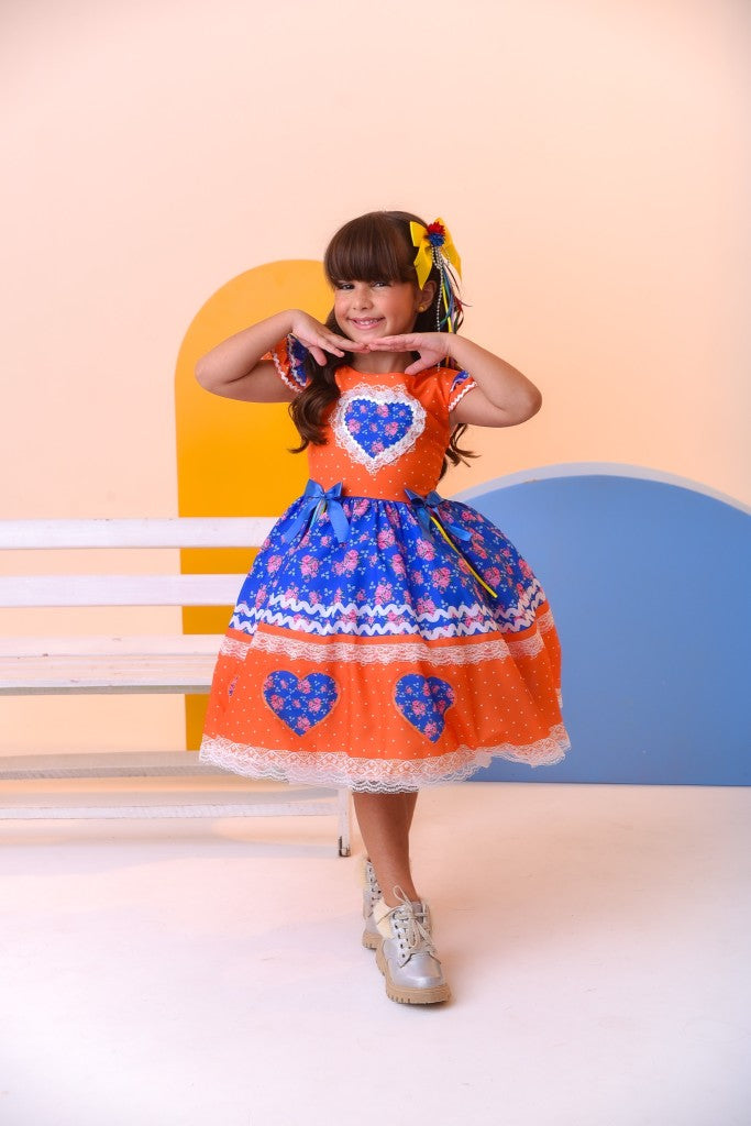 Vestido Infantil Laranja Colorido Luxo para Festas Juninas