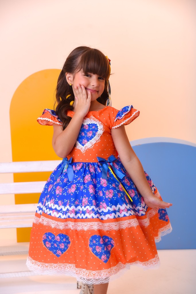 Vestido Infantil Laranja Colorido Luxo para Festas Juninas
