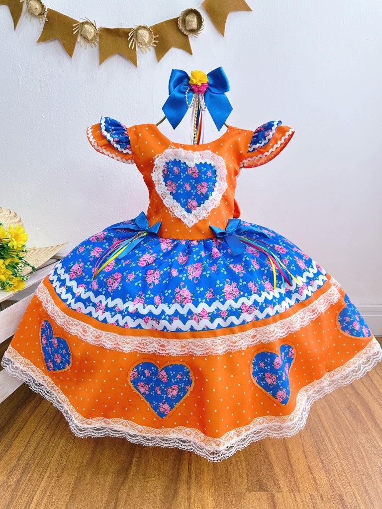 Vestido Infantil Laranja Colorido Luxo para Festas Juninas
