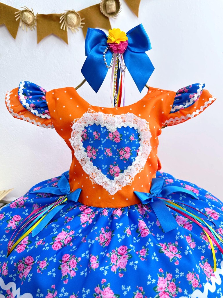 Vestido Infantil Laranja Colorido Luxo para Festas Juninas