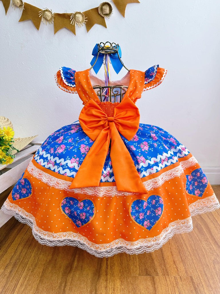 Vestido Infantil Laranja Colorido Luxo para Festas Juninas