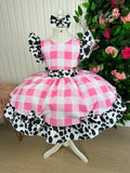 Vestido Infantil Rosa Temático Fazendinha com Laço e Forro Confortável