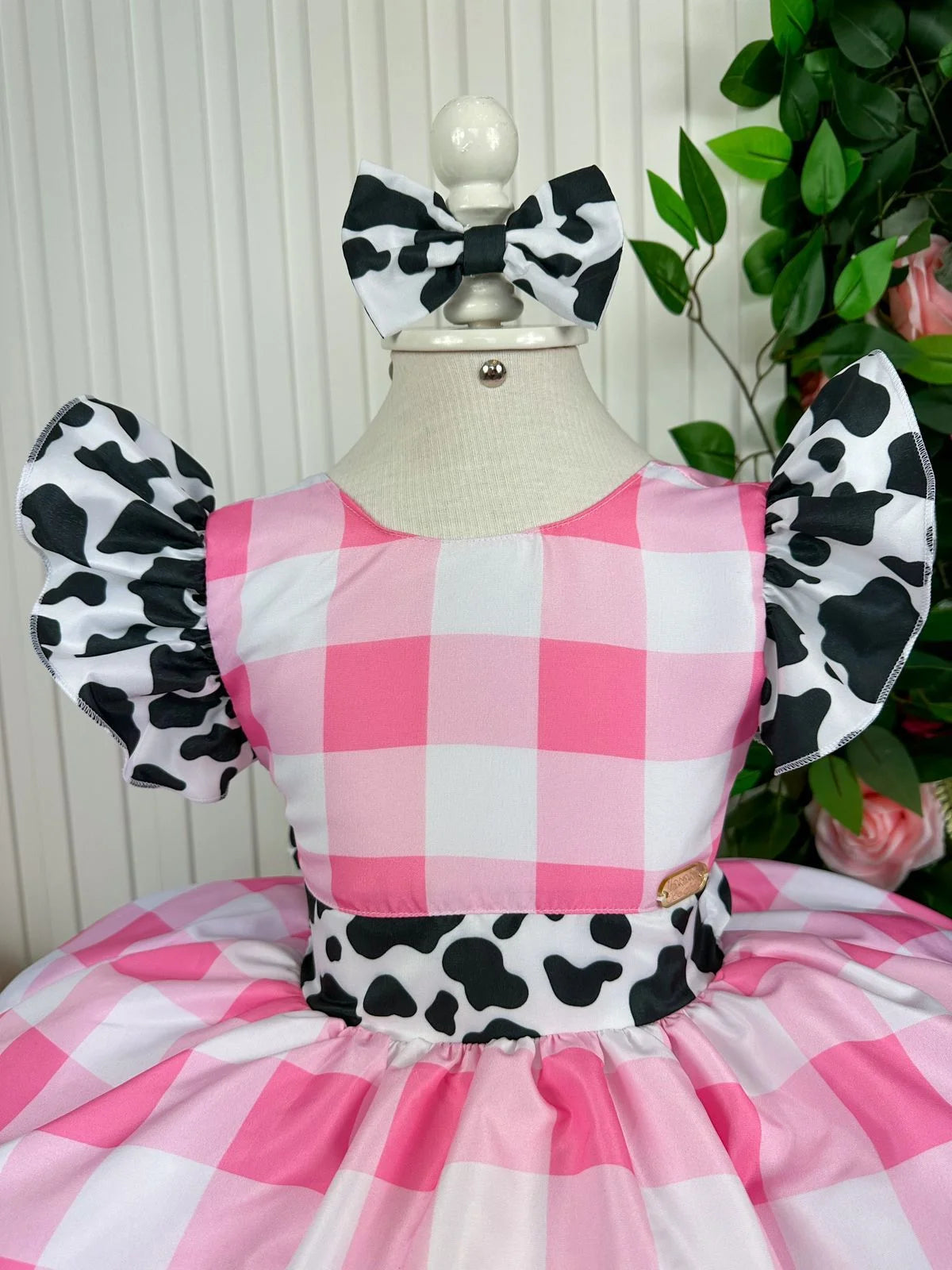 Vestido Infantil Rosa Temático Fazendinha com Laço e Forro Confortável