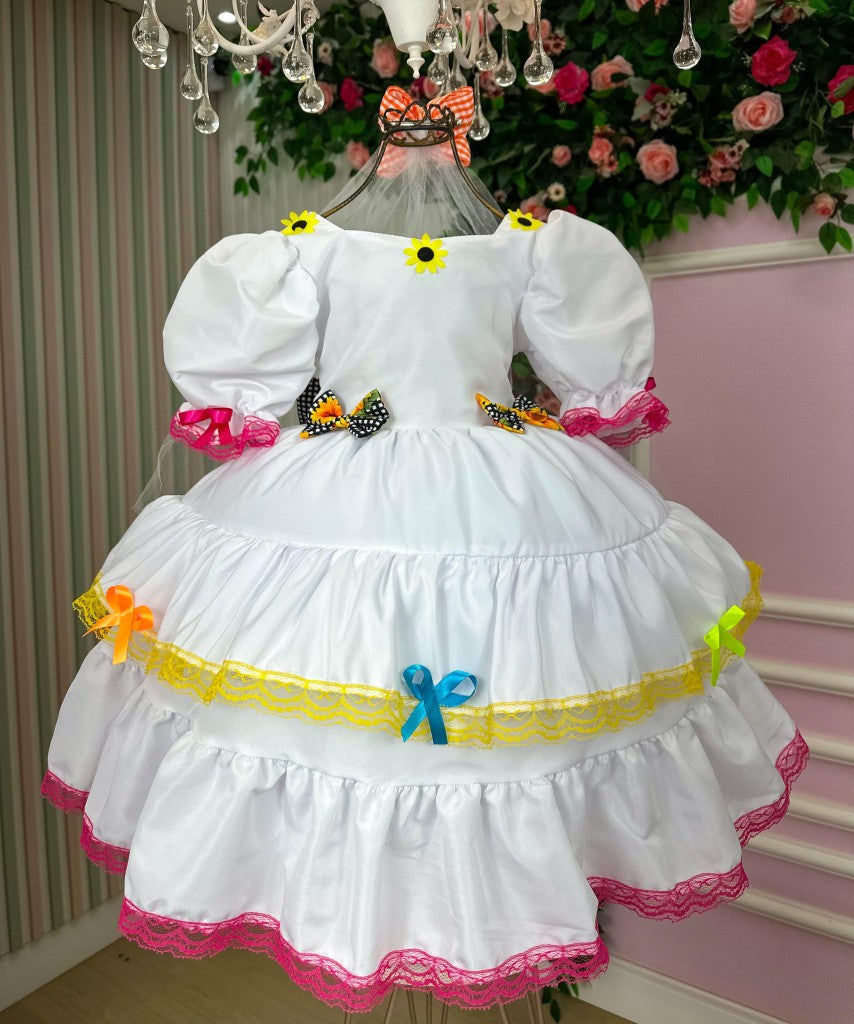 Vestido Junino Luxo Branco para Noiva e Noivinha em Tecido de Poliéster