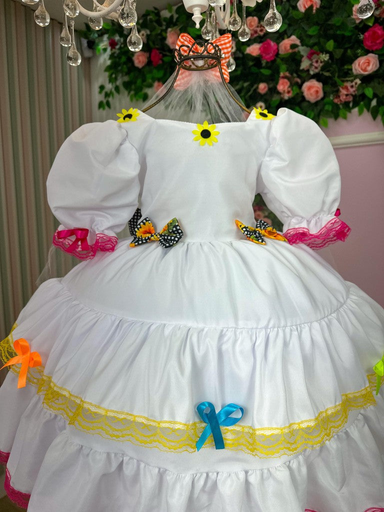 Vestido Junino Luxo Branco para Noiva e Noivinha em Tecido de Poliéster