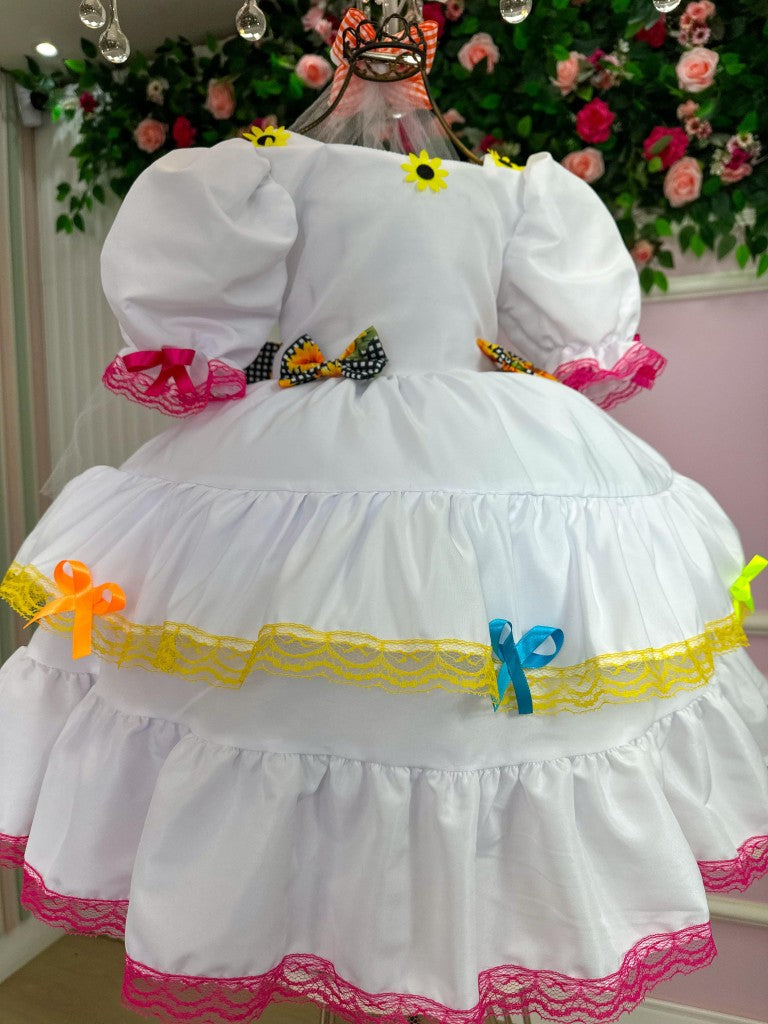 Vestido Junino Luxo Branco para Noiva e Noivinha em Tecido de Poliéster