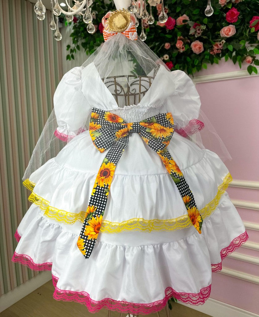 Vestido Junino Luxo Branco para Noiva e Noivinha em Tecido de Poliéster