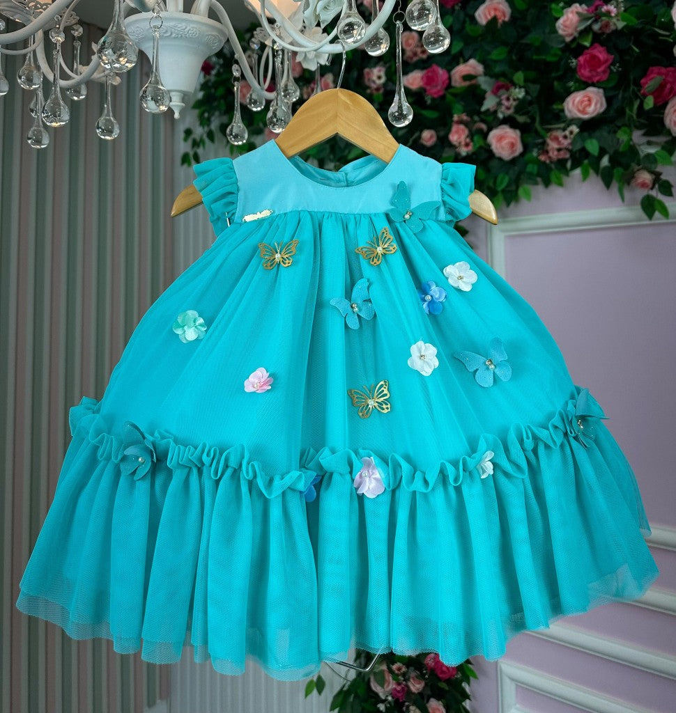 Vestido Infantil Luxo Jardim Encantado Verde Tiffany