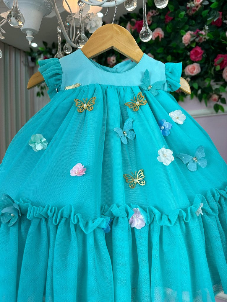 Vestido Infantil Luxo Jardim Encantado Verde Tiffany