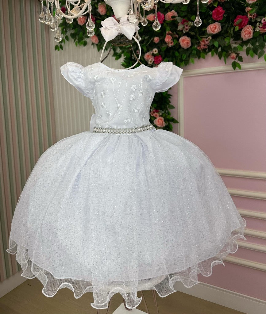 Vestido Infantil Branco com Tule e Florzinhas