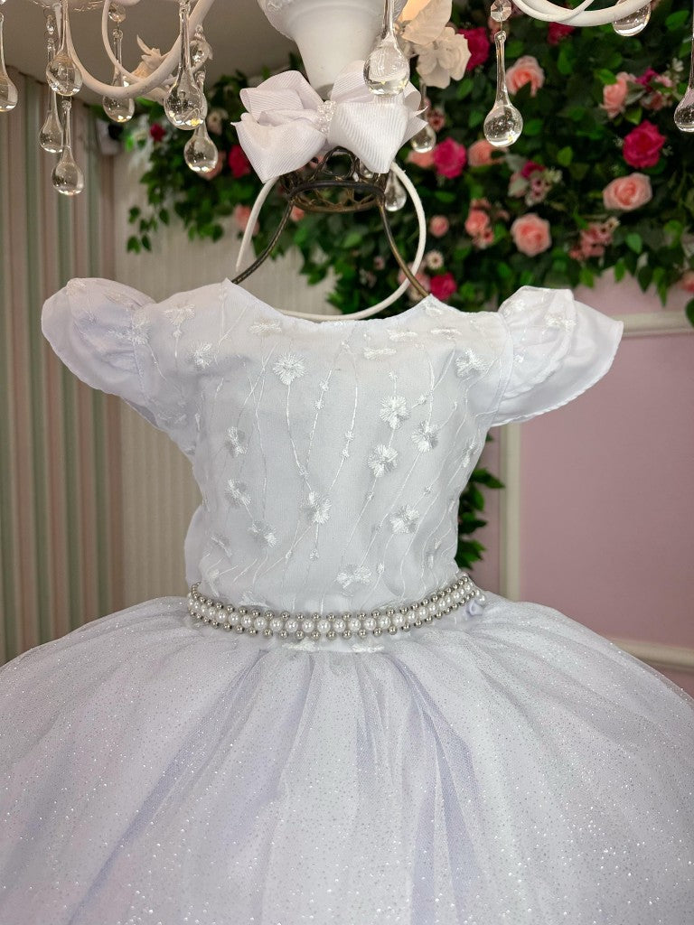 Vestido Infantil Branco com Tule e Florzinhas