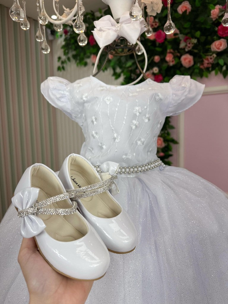 Vestido Infantil Branco com Tule e Florzinhas