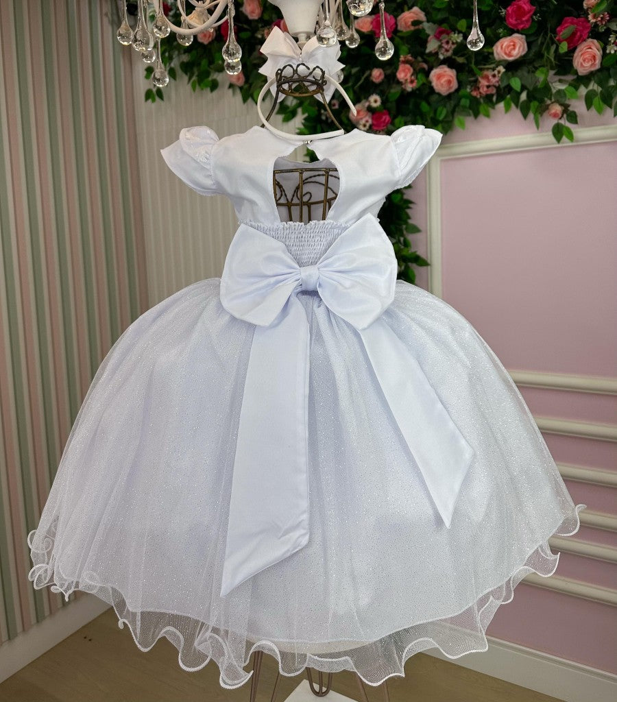 Vestido Infantil Branco com Tule e Florzinhas