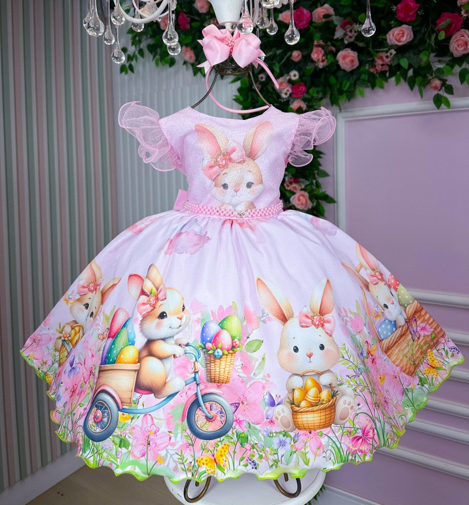 Vestido Rosa Bebê Coelhinha em Tecido Misto com Laço