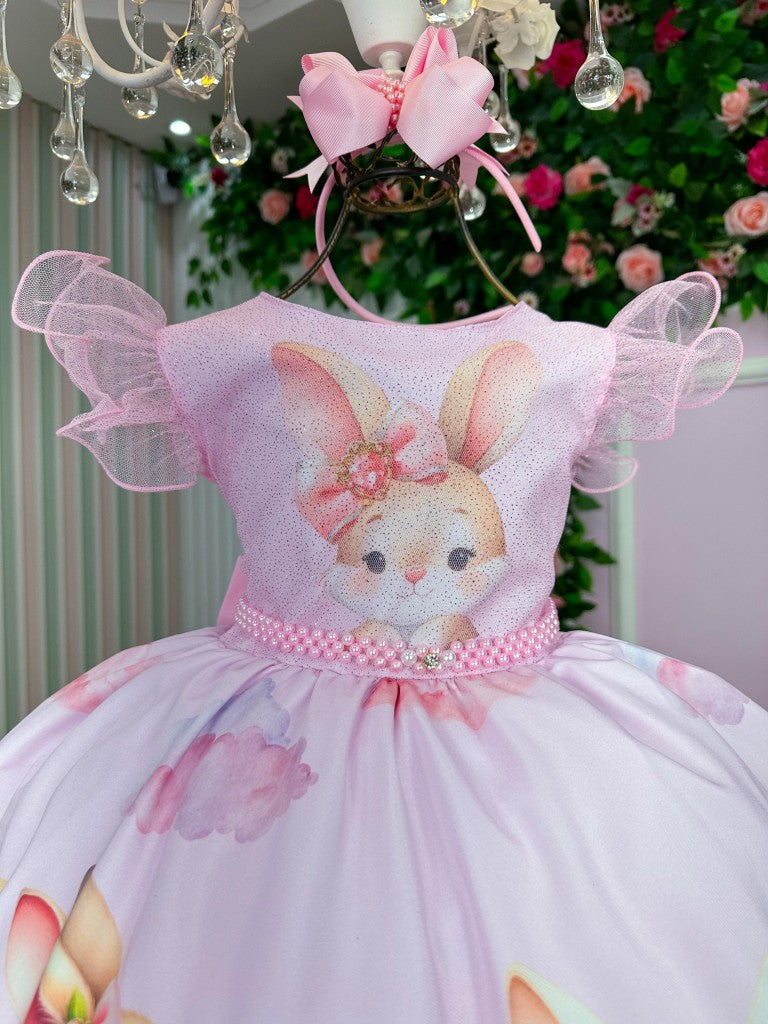Vestido Rosa Bebê Coelhinha em Tecido Misto com Laço
