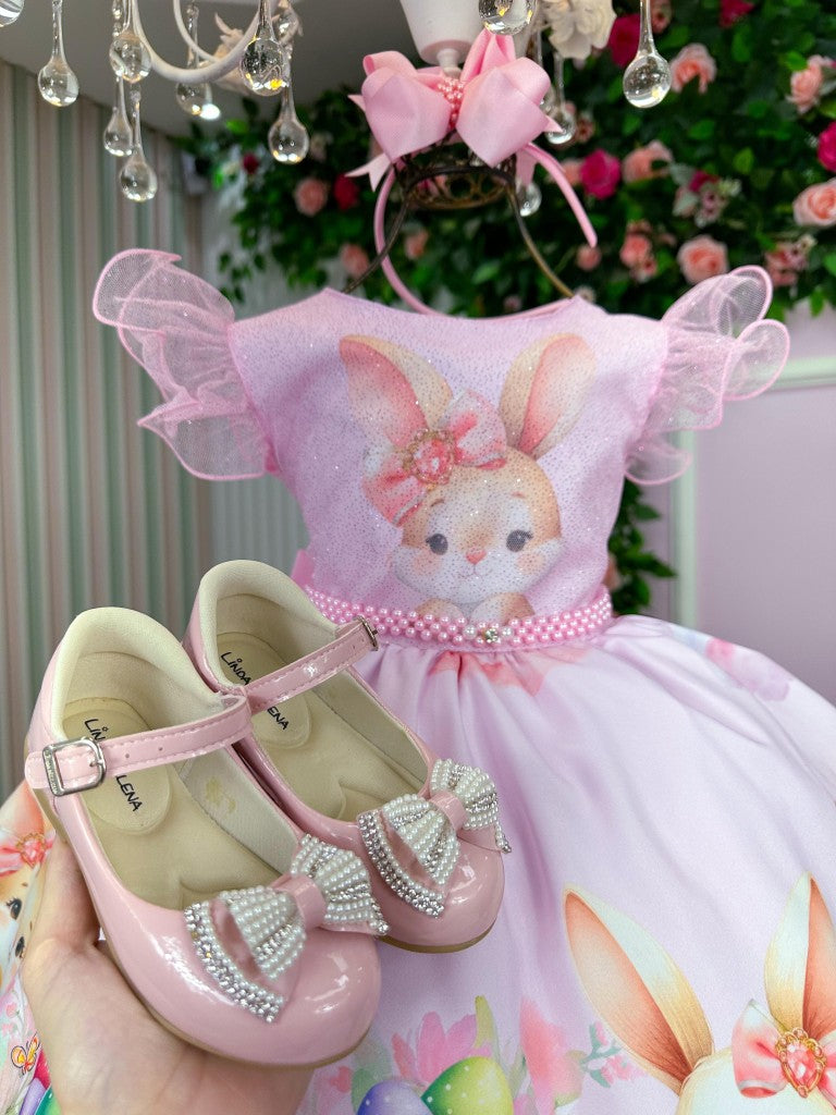 Vestido Rosa Bebê Coelhinha em Tecido Misto com Laço