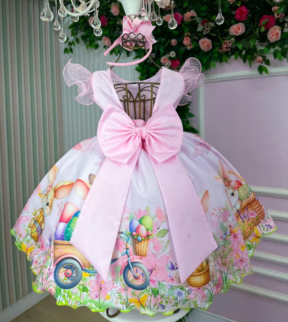 Vestido Rosa Bebê Coelhinha em Tecido Misto com Laço