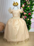 Vestido Longo Dourado Amanda em Tule com Cinto de Pérolas