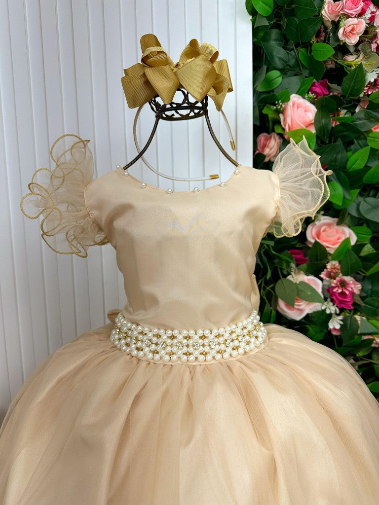 Vestido Longo Dourado Amanda em Tule com Cinto de Pérolas