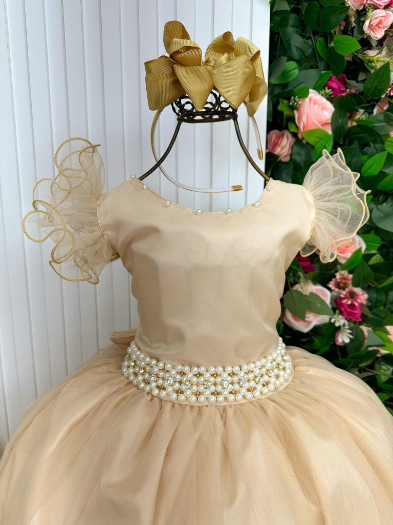 Vestido Longo Dourado Amanda em Tule com Cinto de Pérolas