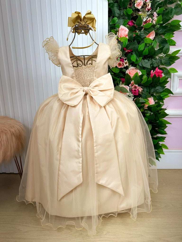 Vestido Longo Dourado Amanda em Tule com Cinto de Pérolas