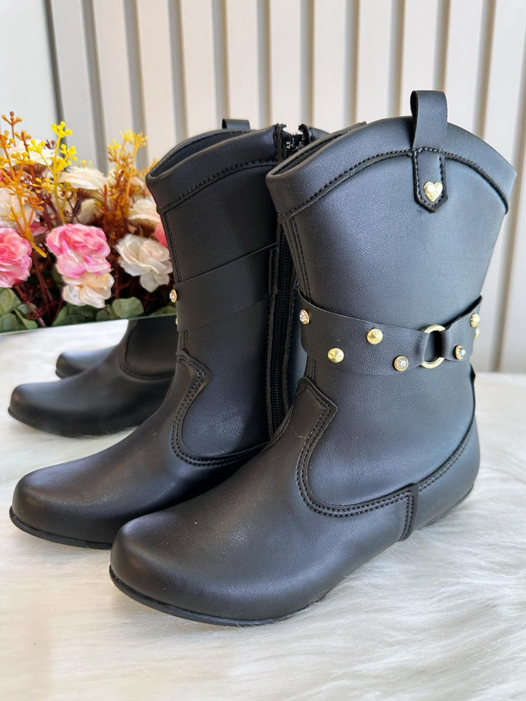 Bota Infantil em Courino Preta com Salto e Zíper para Inverno