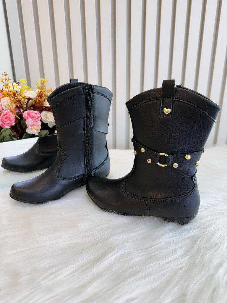 Bota Infantil em Courino Preta com Salto e Zíper para Inverno