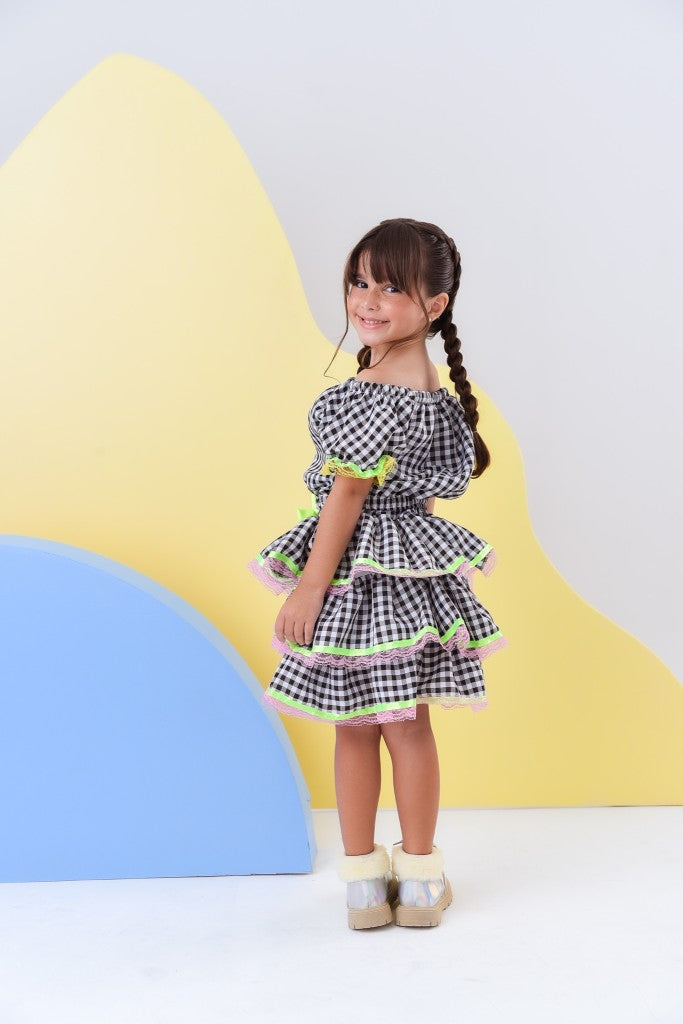 Conjunto Cropped Luxo Preto Xadrez Com Saia Para Meninas