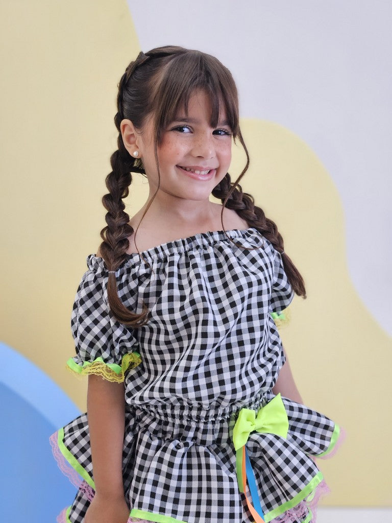 Conjunto Cropped Luxo Preto Xadrez Com Saia Para Meninas