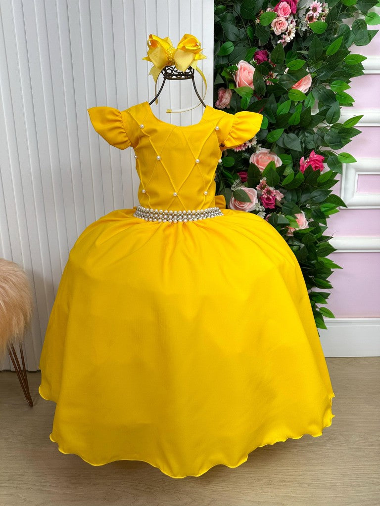 Vestido Longo Amarelo Gema com Babado em Tule e Forro em Poliéster