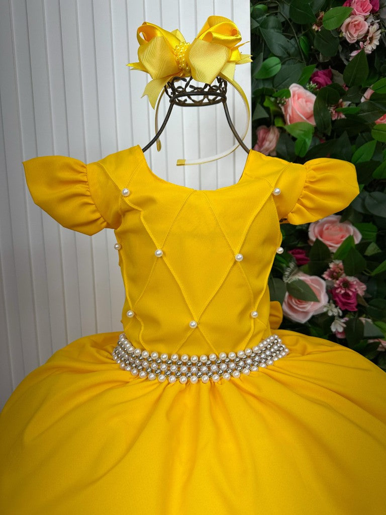 Vestido Longo Amarelo Gema com Babado em Tule e Forro em Poliéster