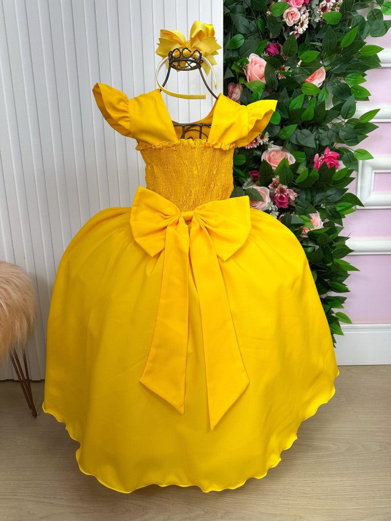 Vestido Longo Amarelo Gema com Babado em Tule e Forro em Poliéster