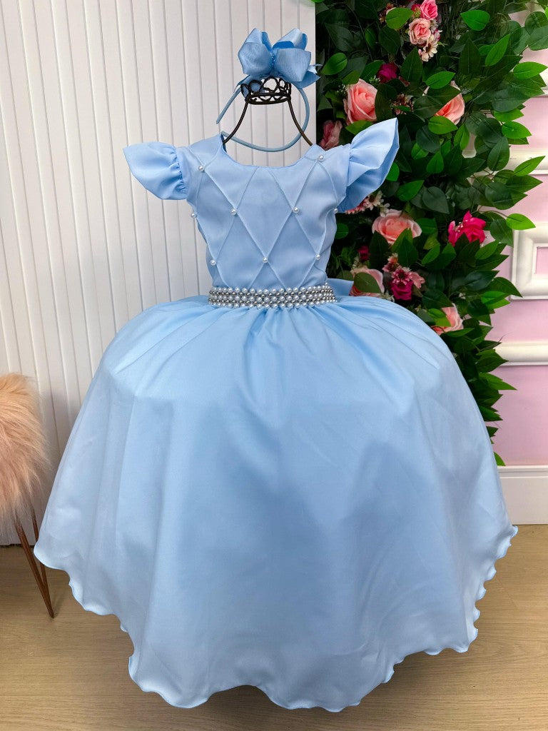 Vestido Longo Azul Bebê em Tecido de Poliéster com Babado de Tule