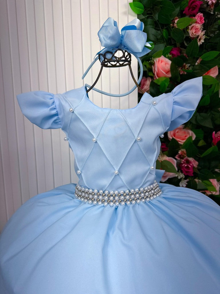 Vestido Longo Azul Bebê em Tecido de Poliéster com Babado de Tule