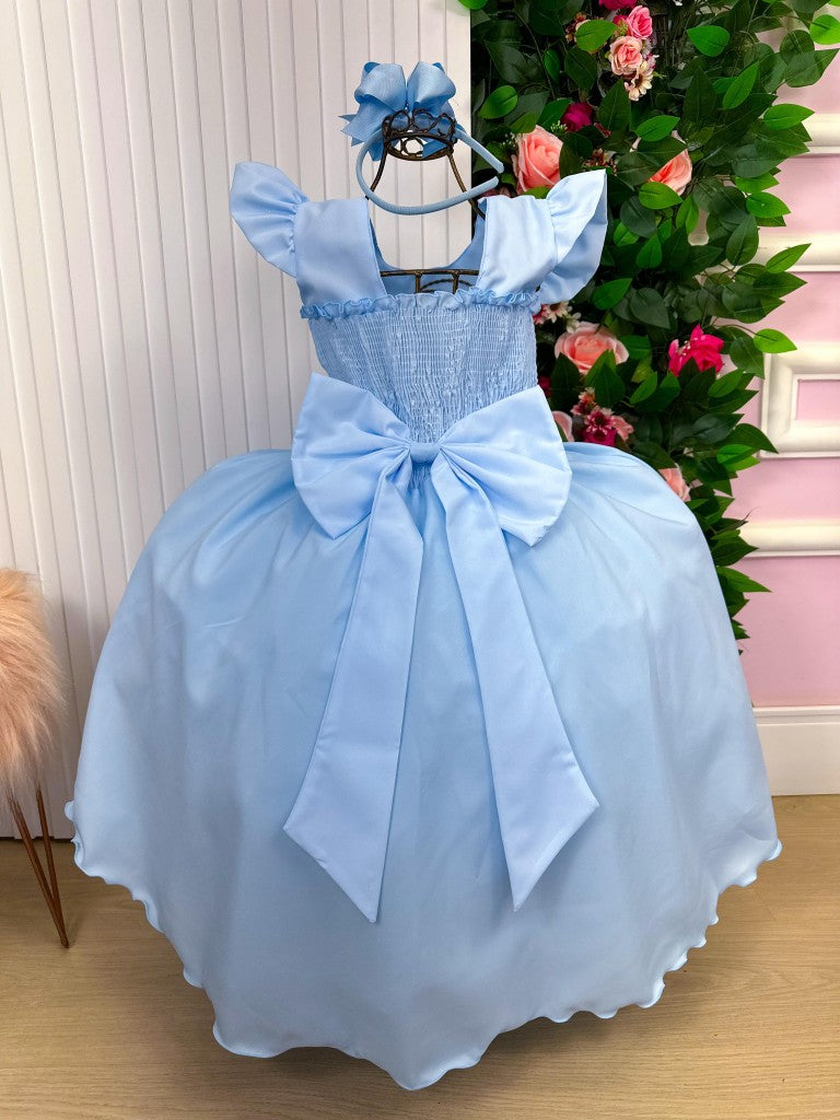 Vestido Longo Azul Bebê em Tecido de Poliéster com Babado de Tule