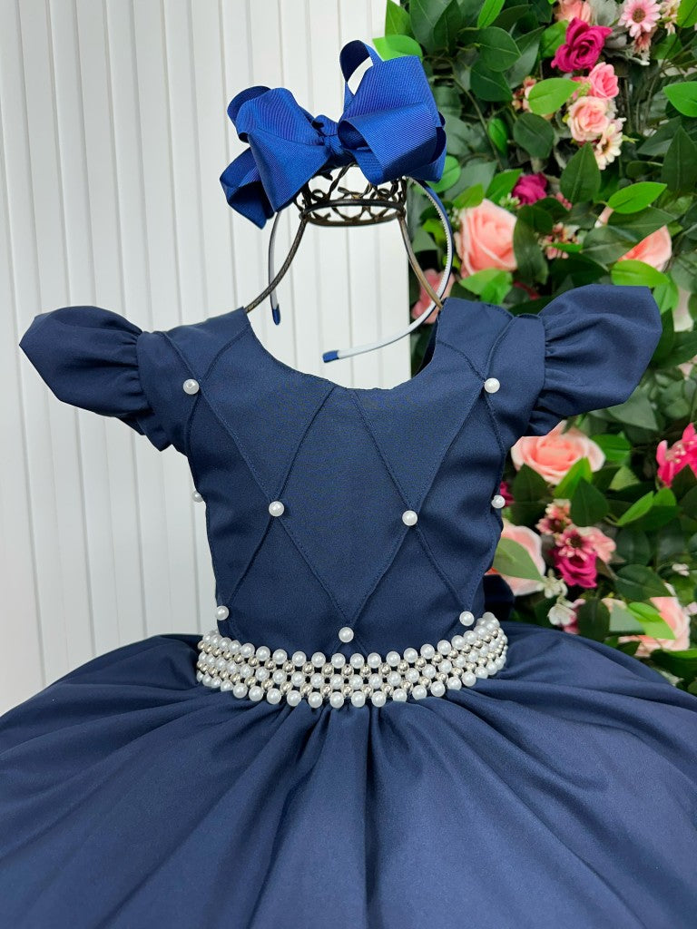 Vestido Longo Azul Marinho em Tule e Poliéster para Festas e Formaturas