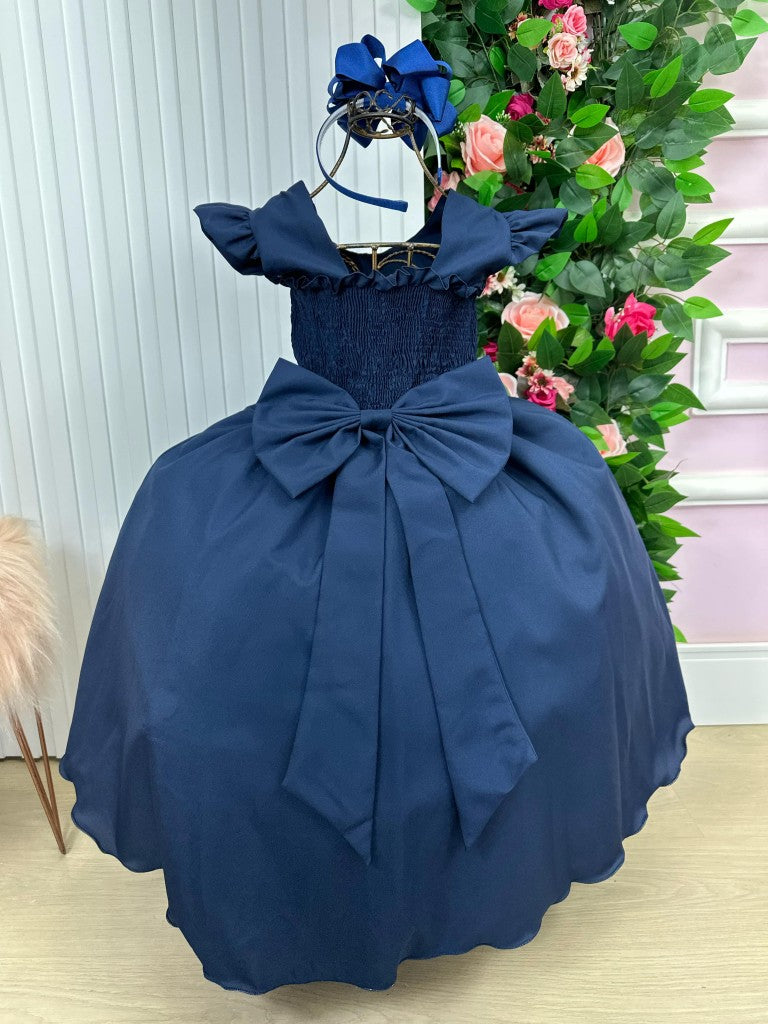 Vestido Longo Azul Marinho em Tule e Poliéster para Festas e Formaturas