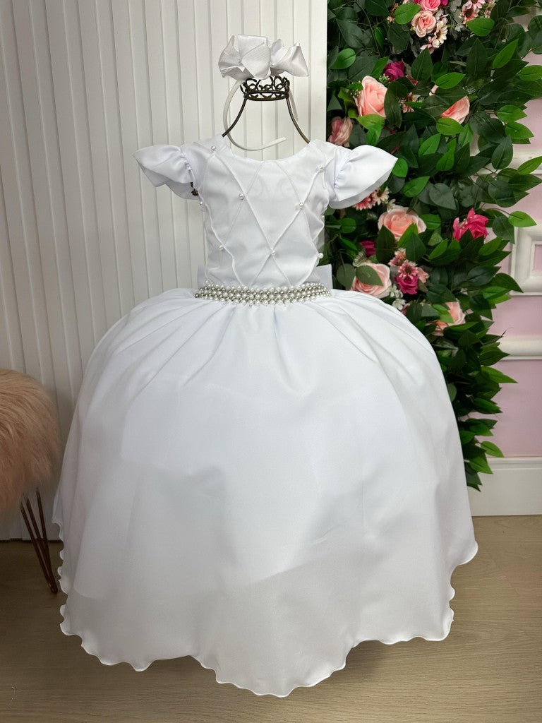 Vestido Longo Branco em Tule e Poliéster com Babado para Festas e Formaturas