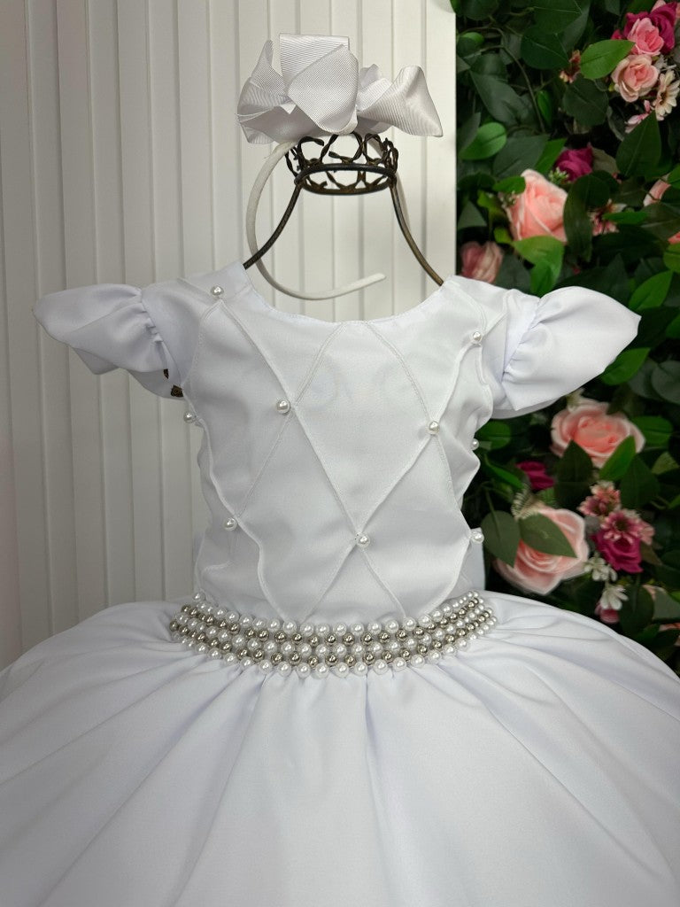 Vestido Longo Branco em Tule e Poliéster com Babado para Festas e Formaturas
